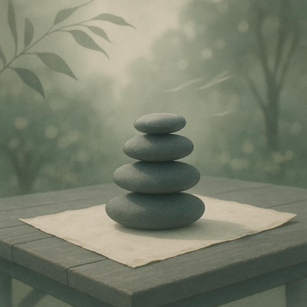 A stack of five smooth, flat river rocks,.RightToLeft - Image contains text.